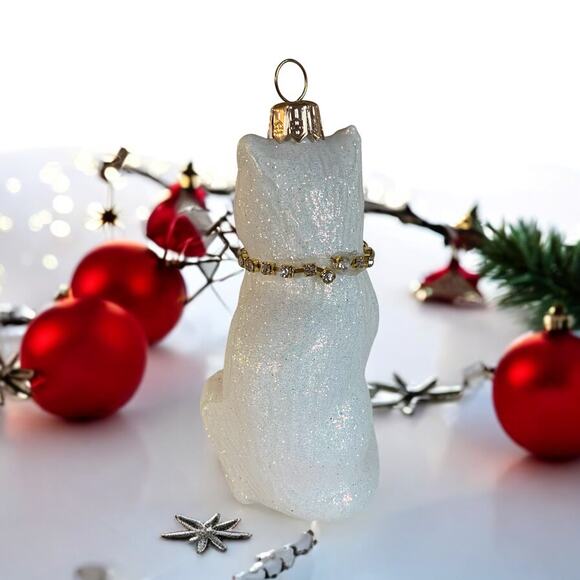 NIB Hand Painted Poland Holiday Glitter White Cat Glass Christmas Tree Ornament - Picture 3 of 6